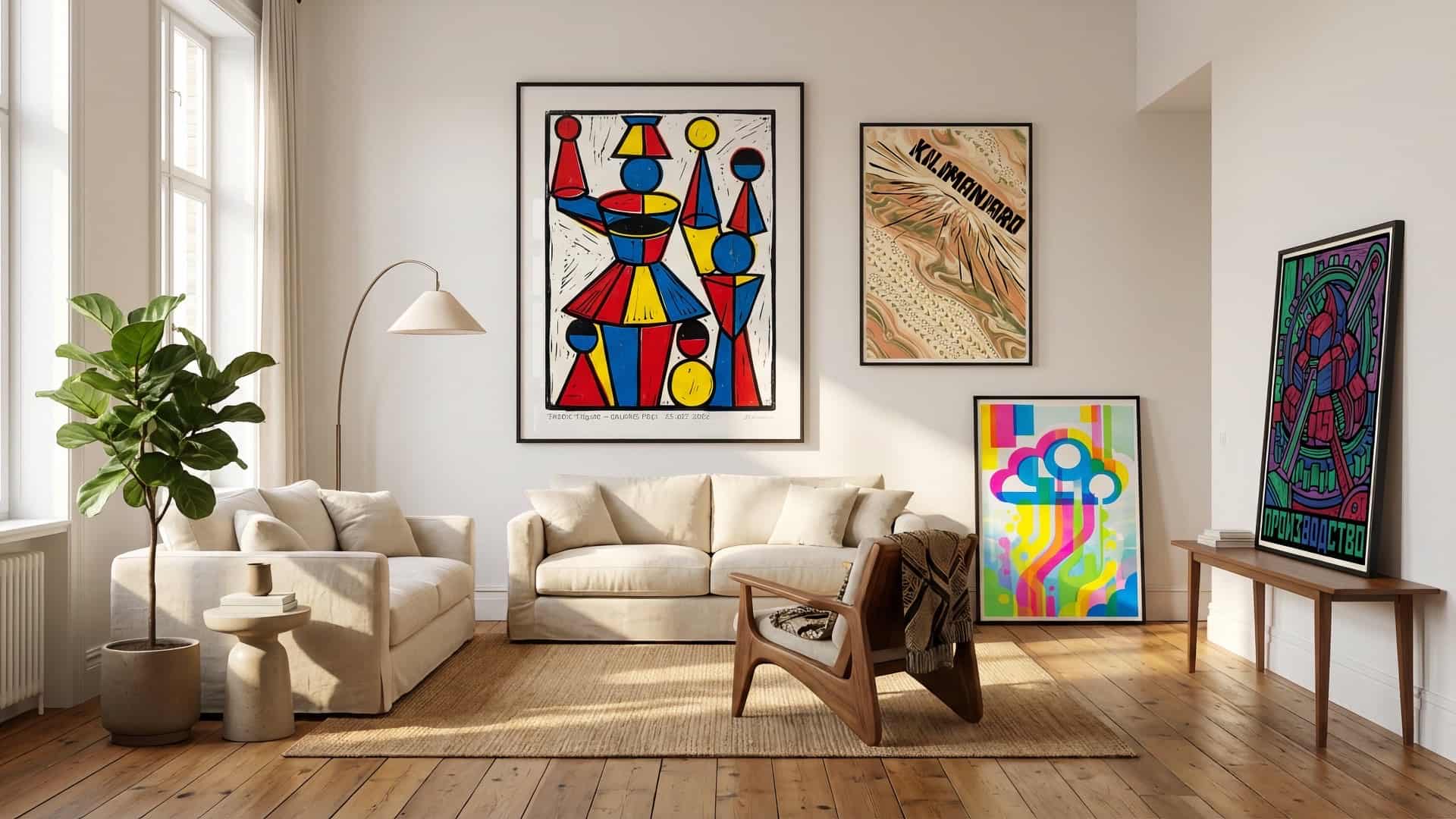 A stylish living room showcasing framed art prints on the wall and leaning against furniture