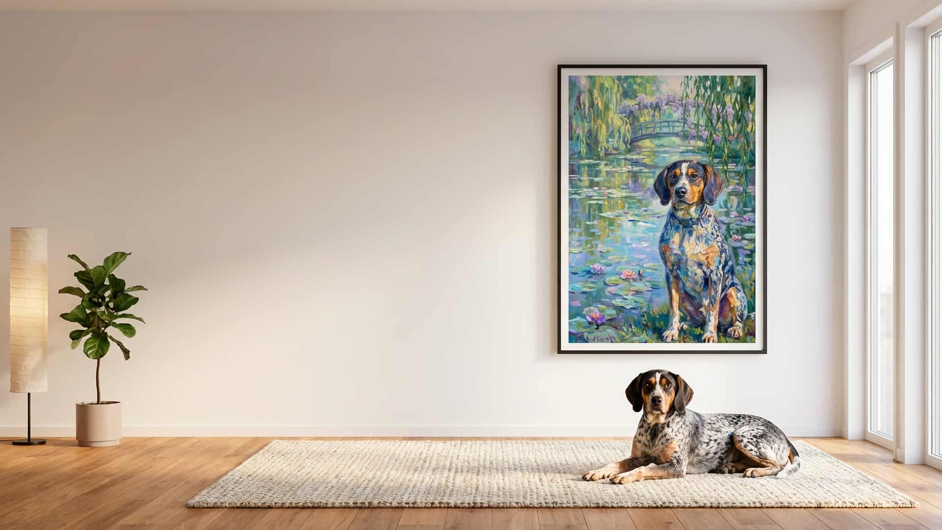 A dog lying in a stylish living room beneath its custom water-garden portrait