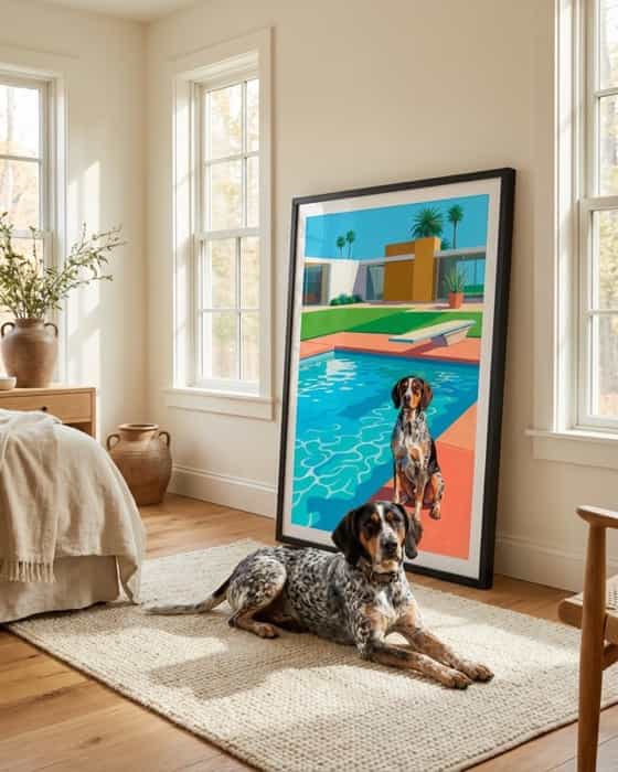 A dog lying next to its framed poolside-style portrait