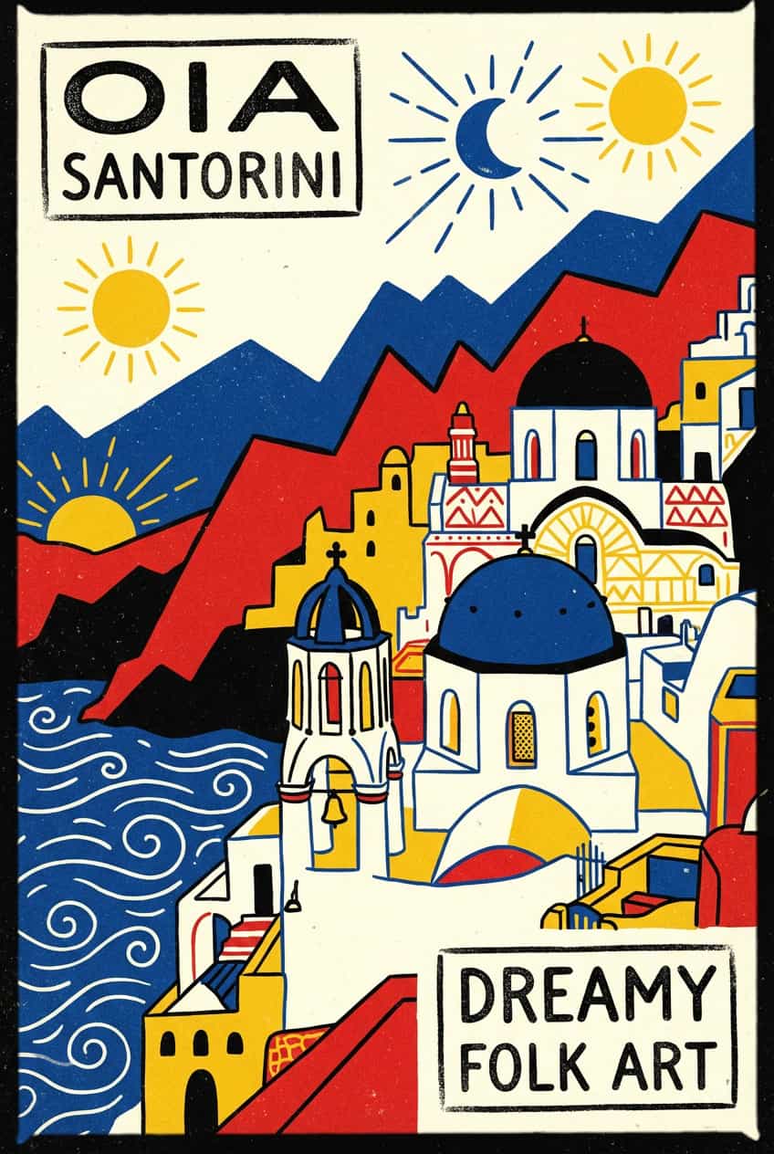Canvas print of Oia, Santorini featuring white buildings and blue domes overlooking the Aegean Sea.