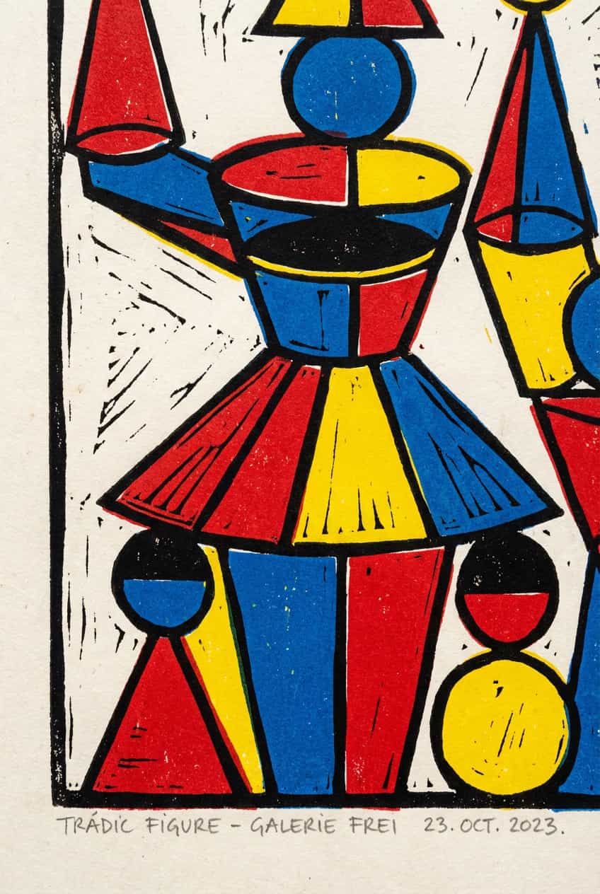 Canvas print of a figure from the Triadic Ballet, showcasing geometric shapes and vibrant colors in the Bauhaus style.