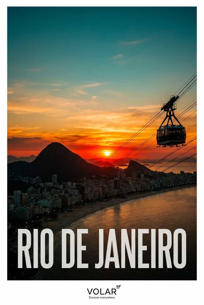 Art poster depicting a vibrant scene of Rio de Janeiro, Brazil, showcasing its beaches, cityscapes, and iconic landmarks.