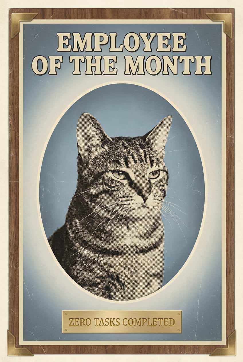 Poster of an office cat portrait, awarded 'Employee of the Month', printed on enhanced matte paper.