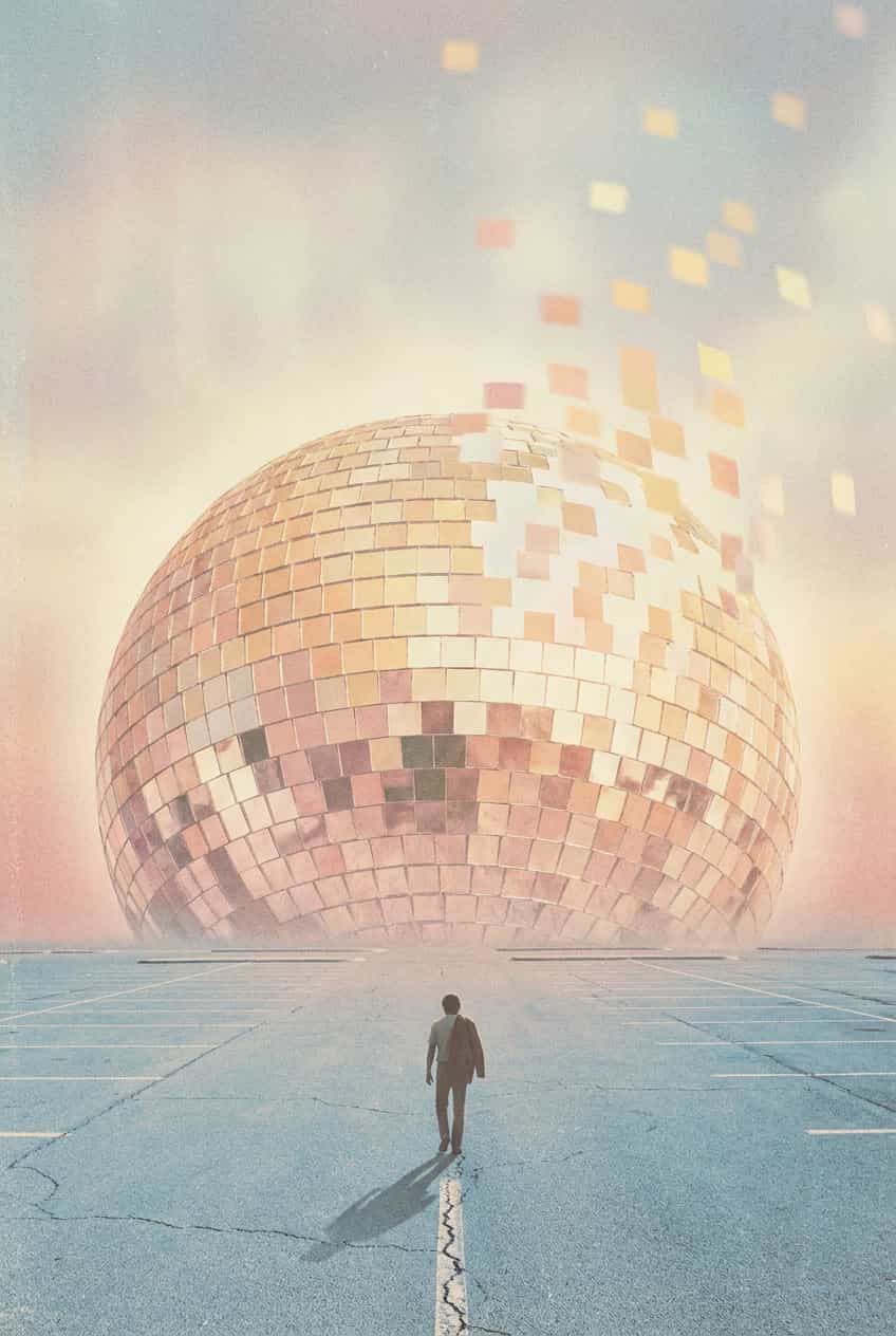Poster print depicting a vibrant disco scene with dancers and a disco ball, titled 'Disco Last Dance'.