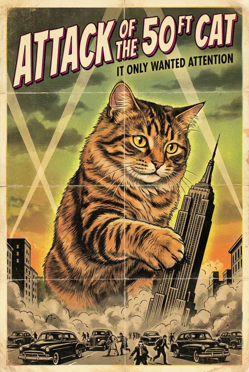 Canvas print of a giant cat towering over a city skyline, titled 'The 50 Ft Cat'.