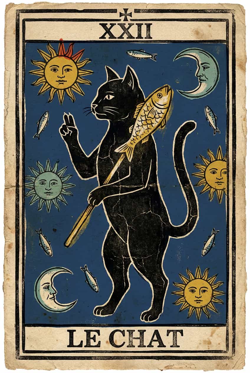 Canvas Le Chat art print featuring a mystical cat depicted as a tarot card, printed on stretched canvas.