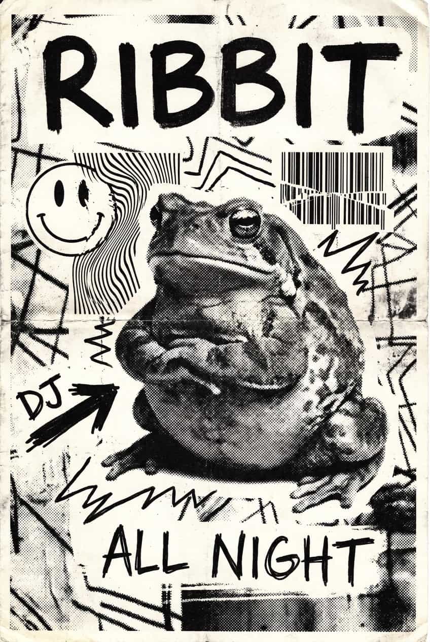 Canvas print of a frog in a 'ribbit rave' pose, with vibrant colors and energetic lines.