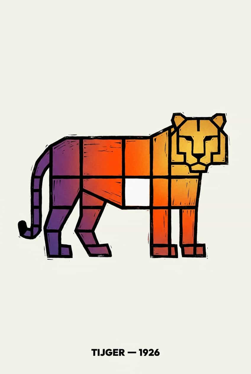 Poster of a tiger in a sunset grid design, showcasing vibrant colors and intricate detail.