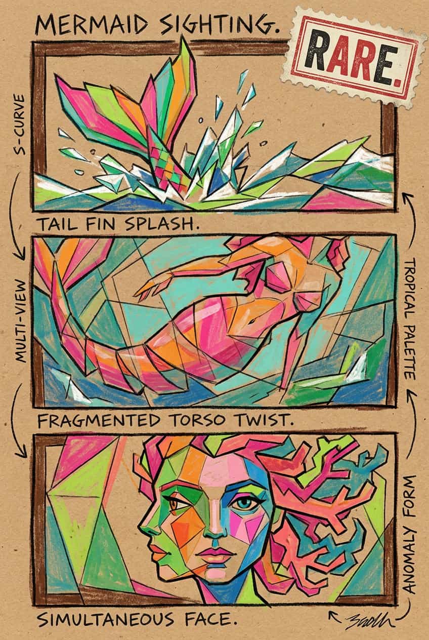 Poster of a rare, mystical mermaid with flowing hair and shimmering scales.