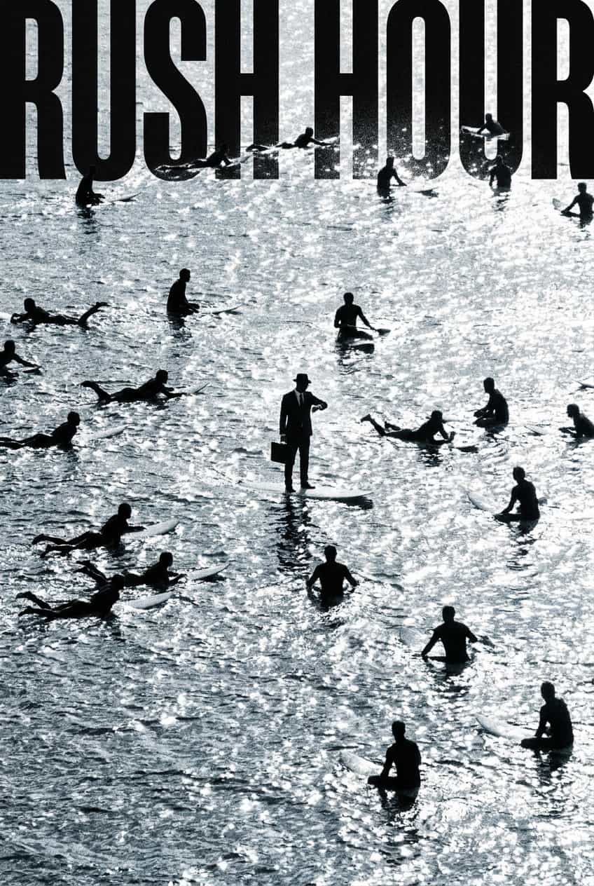 Poster Surf Rush Hour artwork depicting surfers in a crowded ocean break during peak wave riding action.