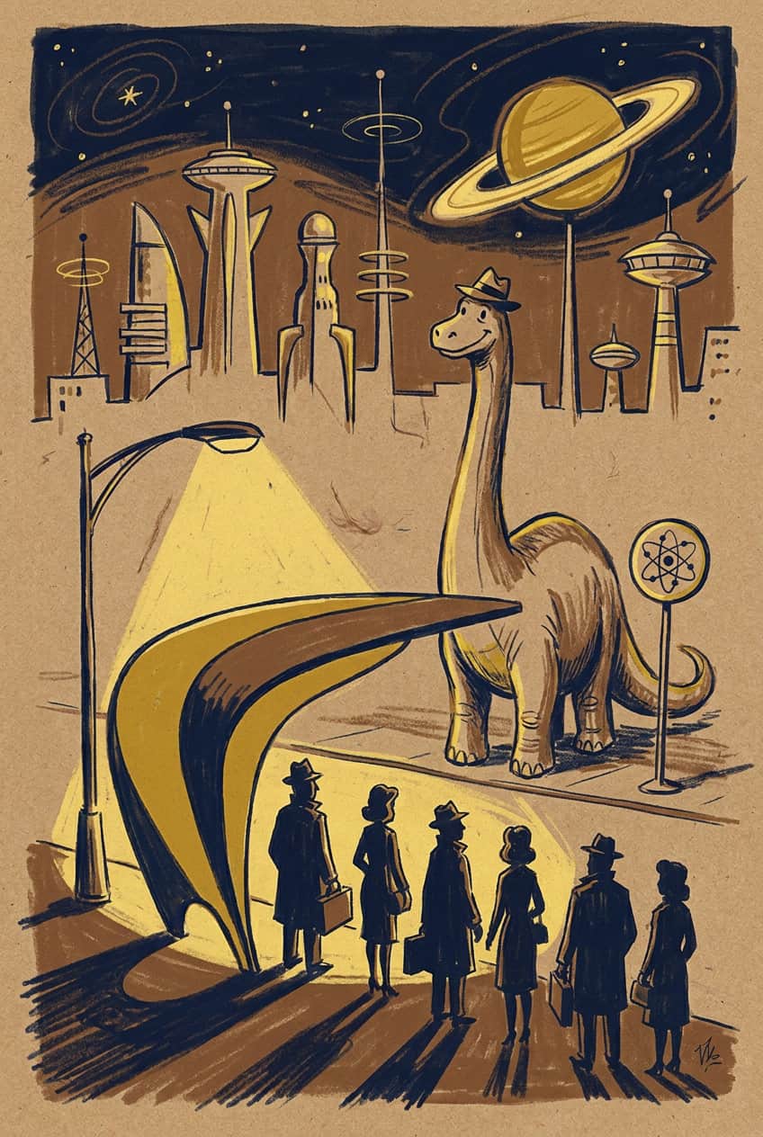 Canvas print of a dinosaur in a retro-futuristic atomic city landscape.