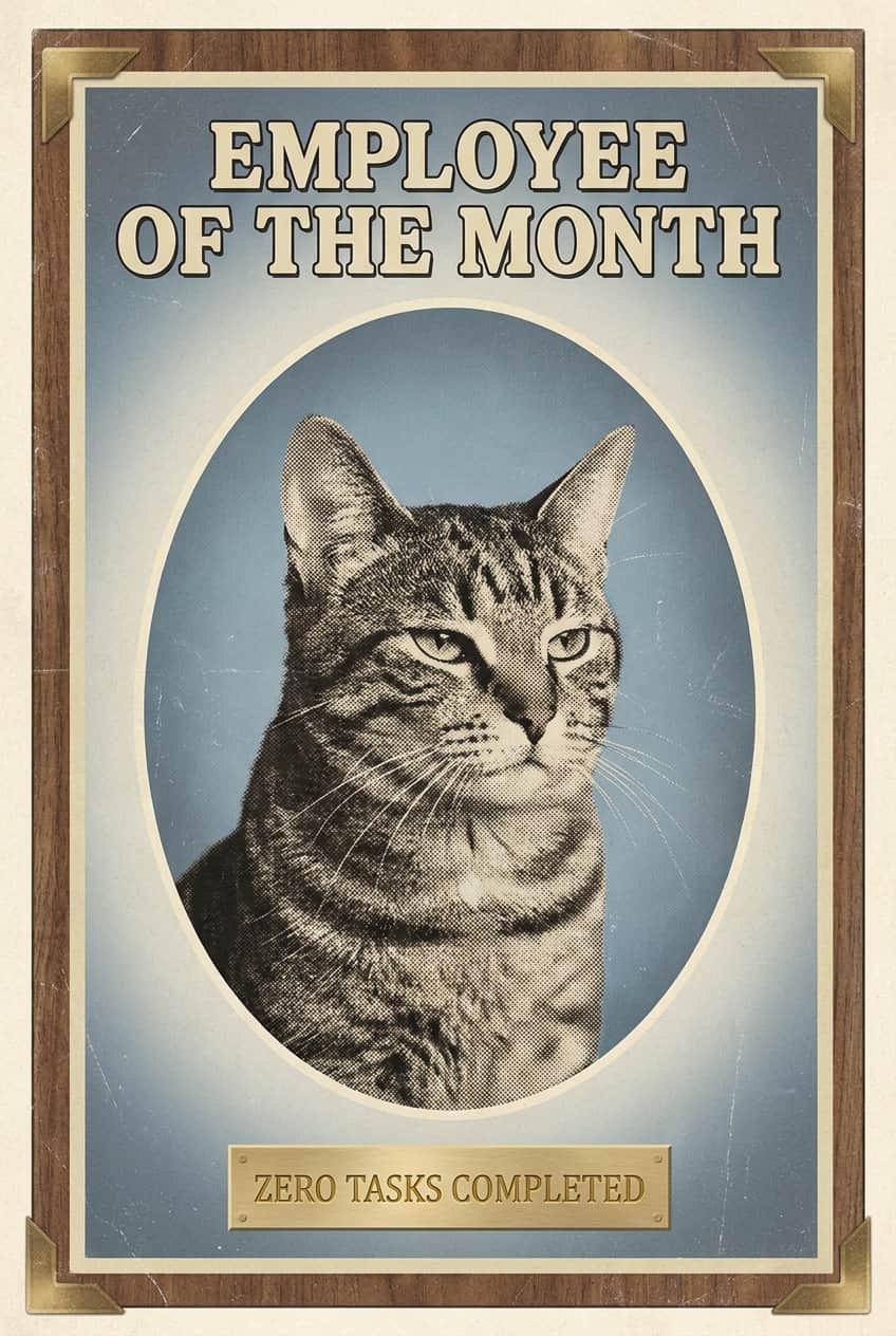 Poster of an office cat portrait, awarded 'Employee of the Month', printed on enhanced matte paper.