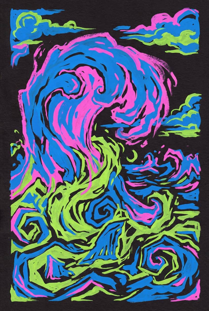 Poster of "The Great Wave off Kanagawa", a reinterpretation of a traditional Japanese ukiyo-e woodblock print, showing a mass