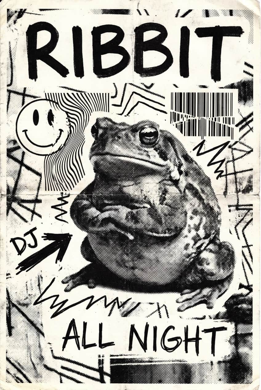 Canvas print of a frog in a 'ribbit rave' pose, with vibrant colors and energetic lines.