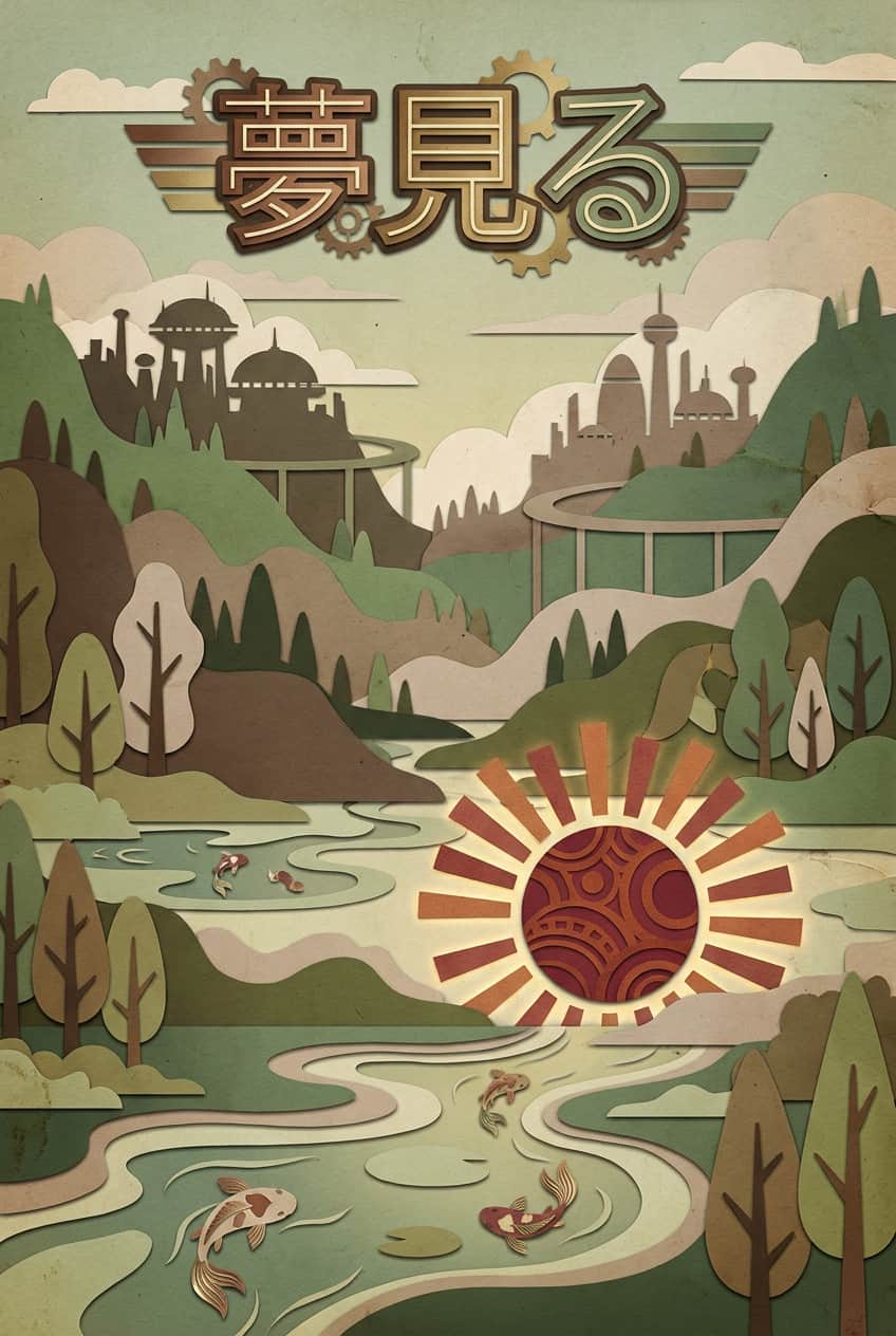 Poster featuring minimalist Japanese art of koi fish swimming near a vibrant red sun.