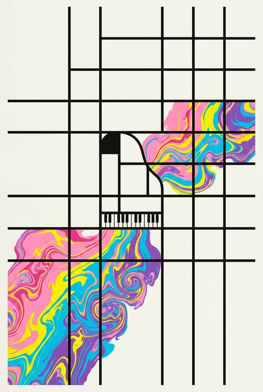 Poster Piano Color Grid artwork featuring a colorful grid interpretation of a piano.