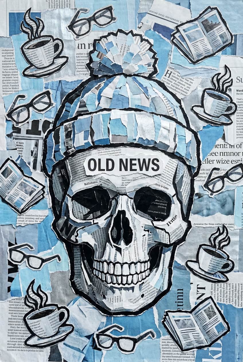 Poster print of a detailed, vintage-style skull illustration resembling old newspaper ink.