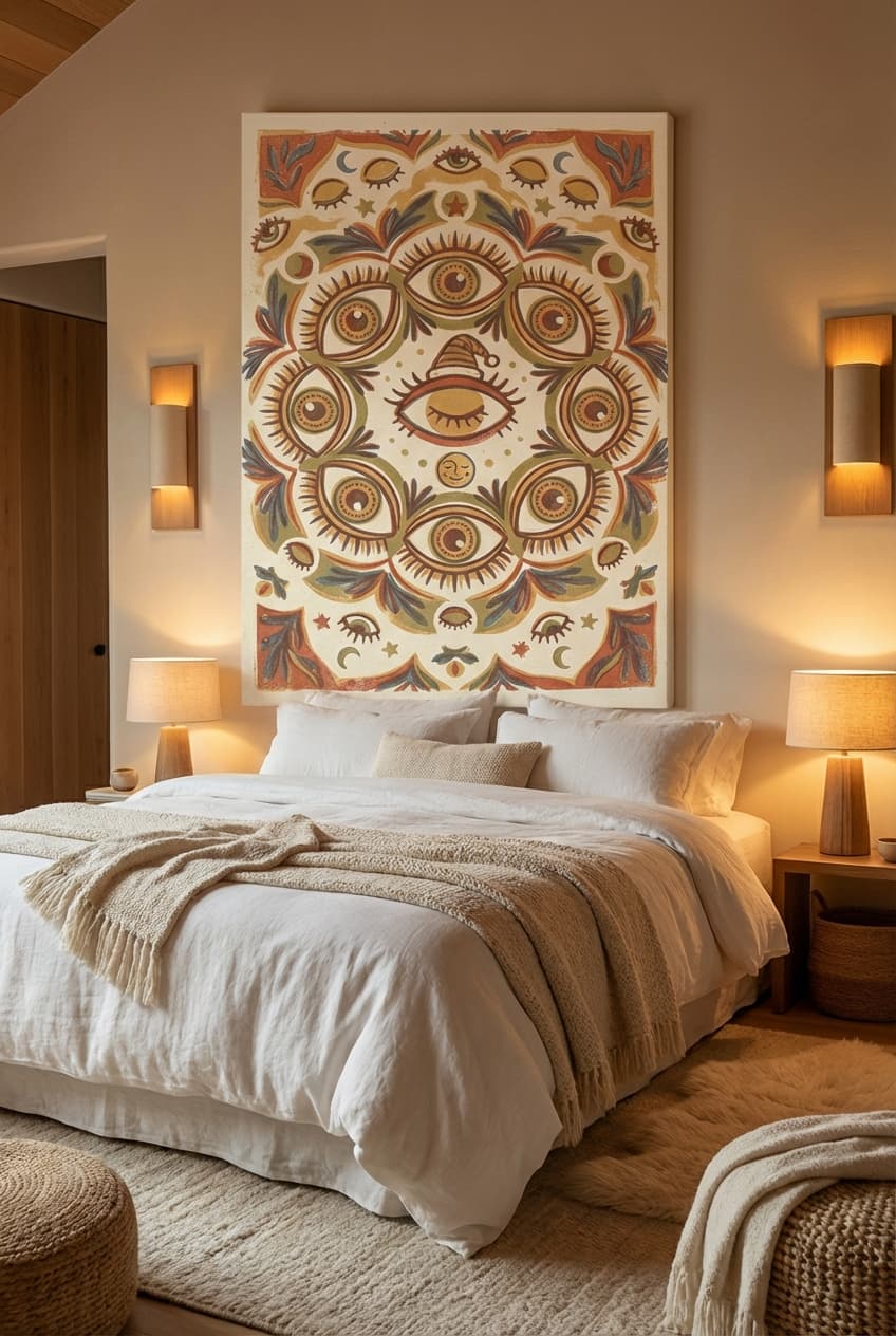 Bohemian decor idea: “Canvas eye” in a bedroom