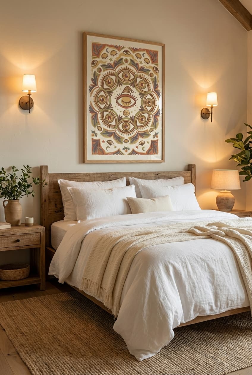 Bohemian decor idea: “Poster eye” in a bedroom
