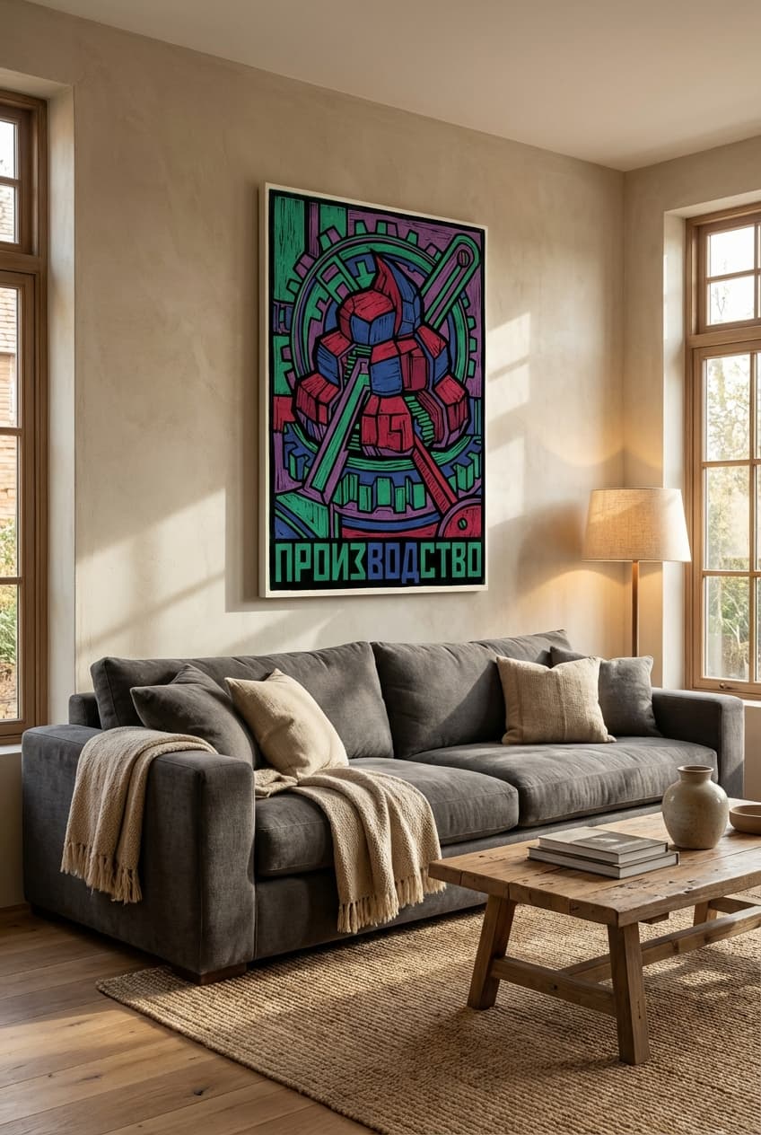 Industrial decor idea: “Canvas poop” in a living room