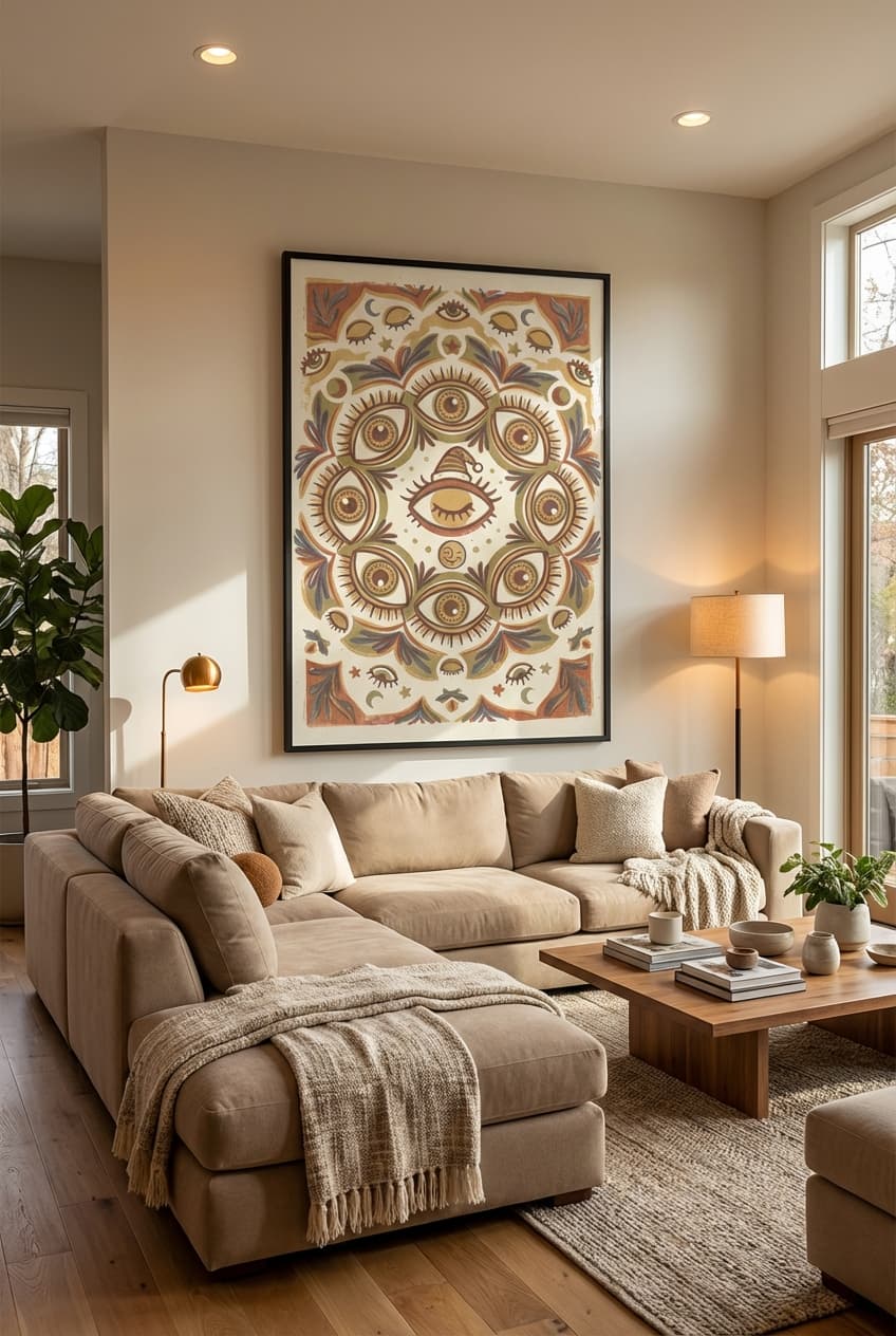 Bohemian decor idea: “Poster eye” in a living room