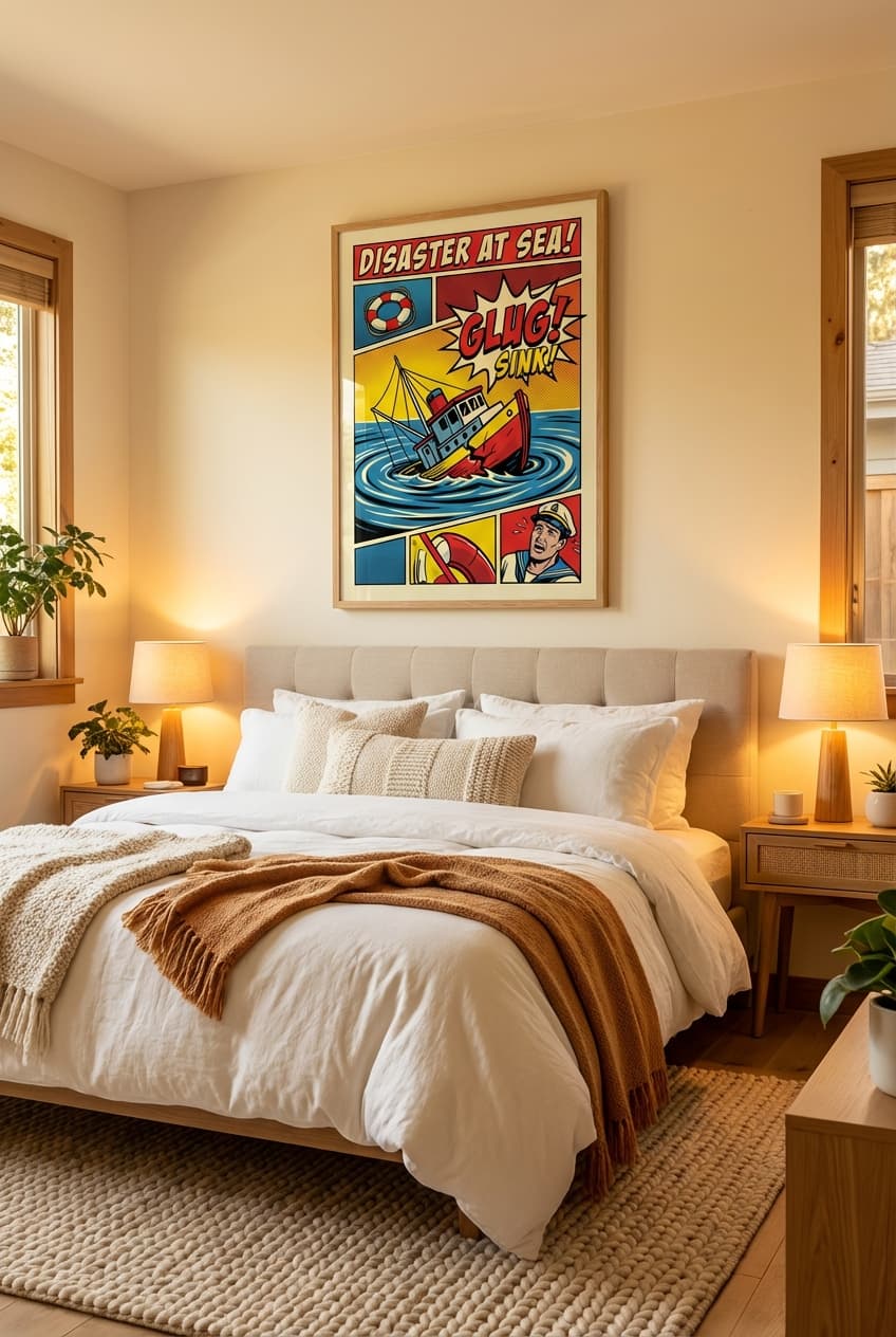 Mid-century decor idea: “Poster boat sinking” in a bedroom