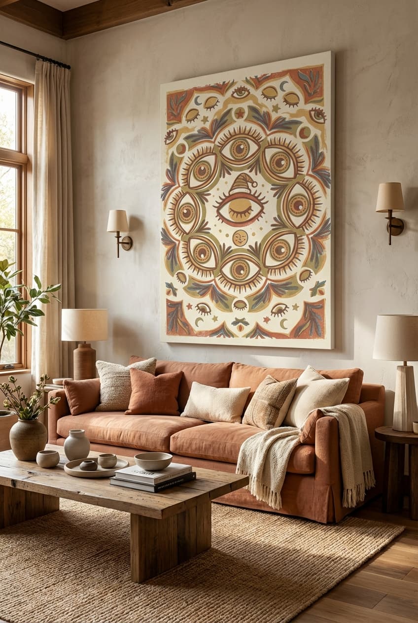 Bohemian decor idea: “Canvas eye” in a living room