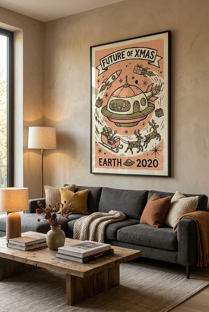 Mid-century decor idea: “Poster Douceur de Noël” in a living room