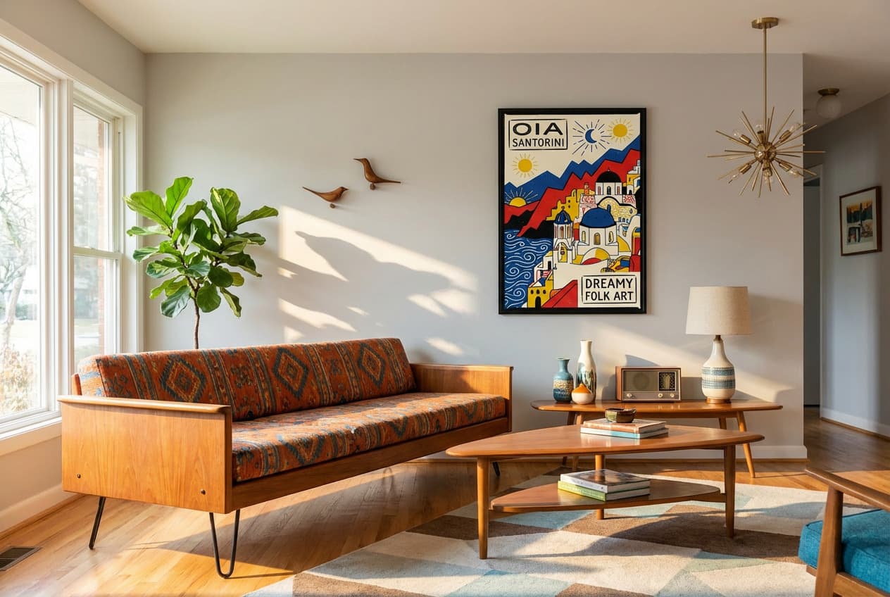 Mid-century decor idea: “Poster Oia Santorini Folk Art” in a living room