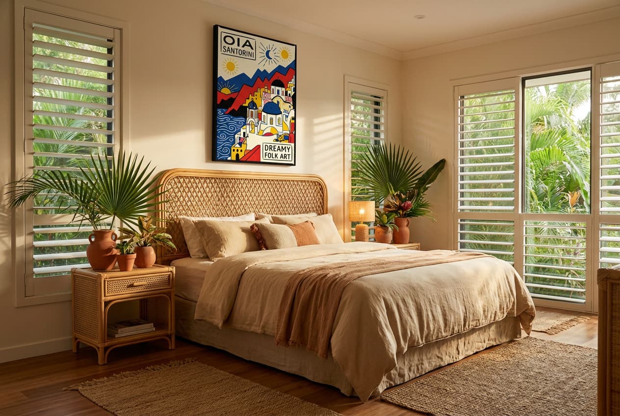 Tropical decor idea: “Canvas Oia Santorini Folk Art” in a bedroom
