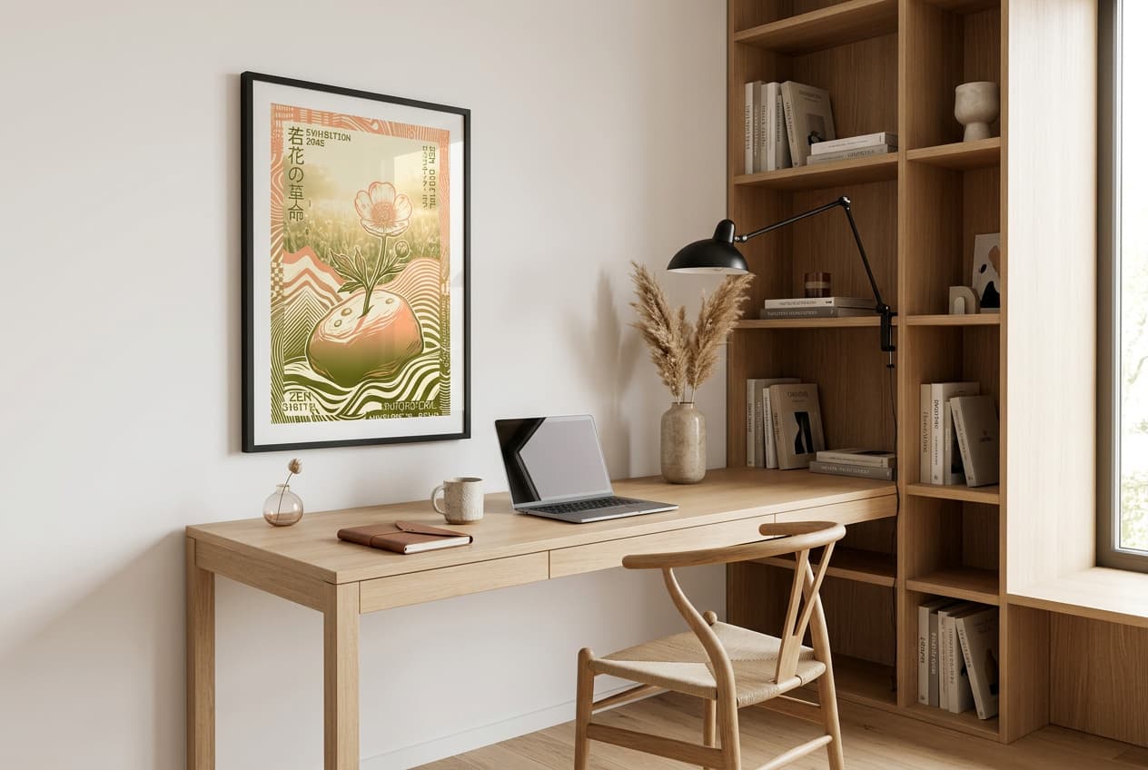 Buttercup flower poster sized and hung low in a Scandinavian-style home office