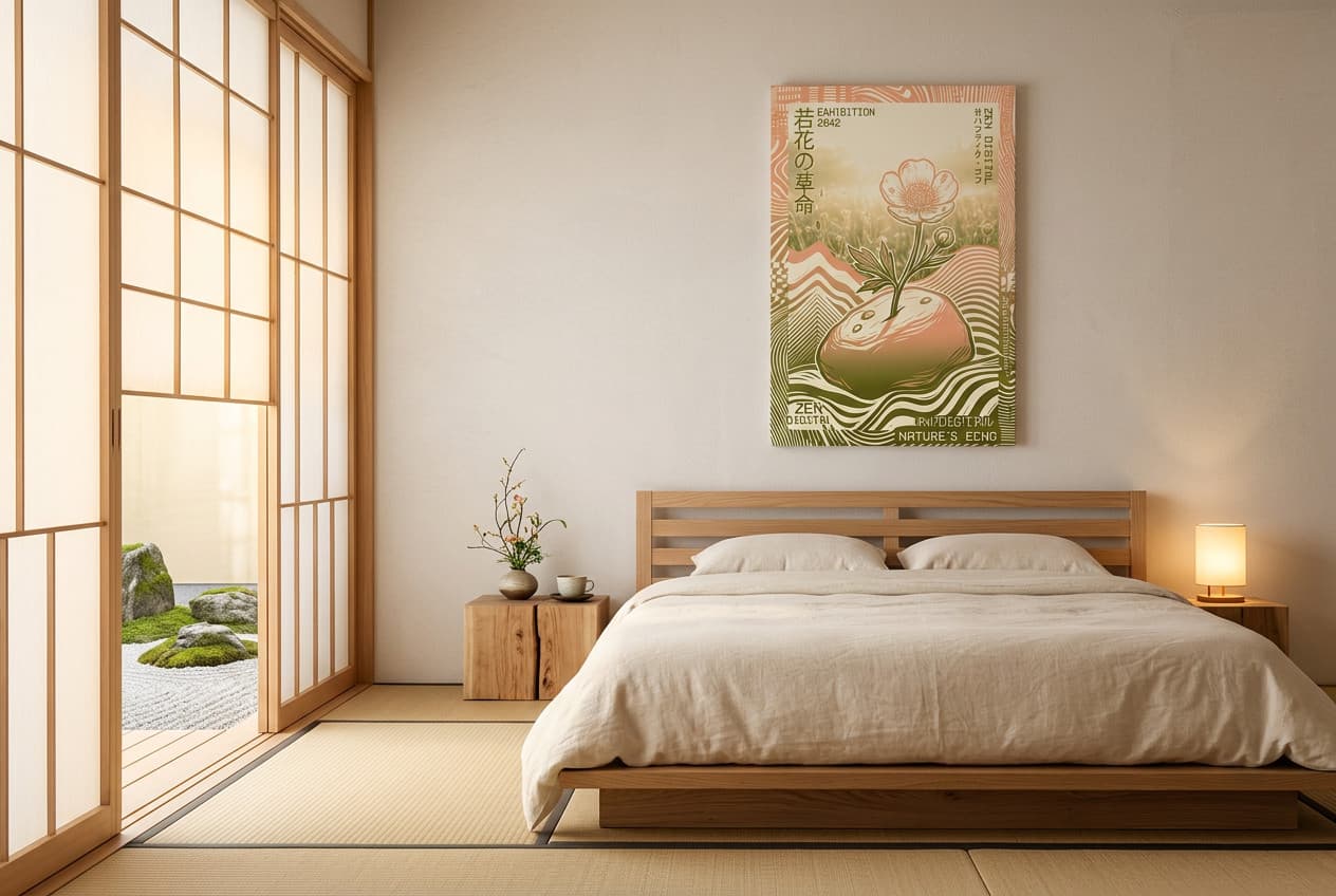 Buttercup flower canvas print hung above the headboard in a calm Japandi bedroom