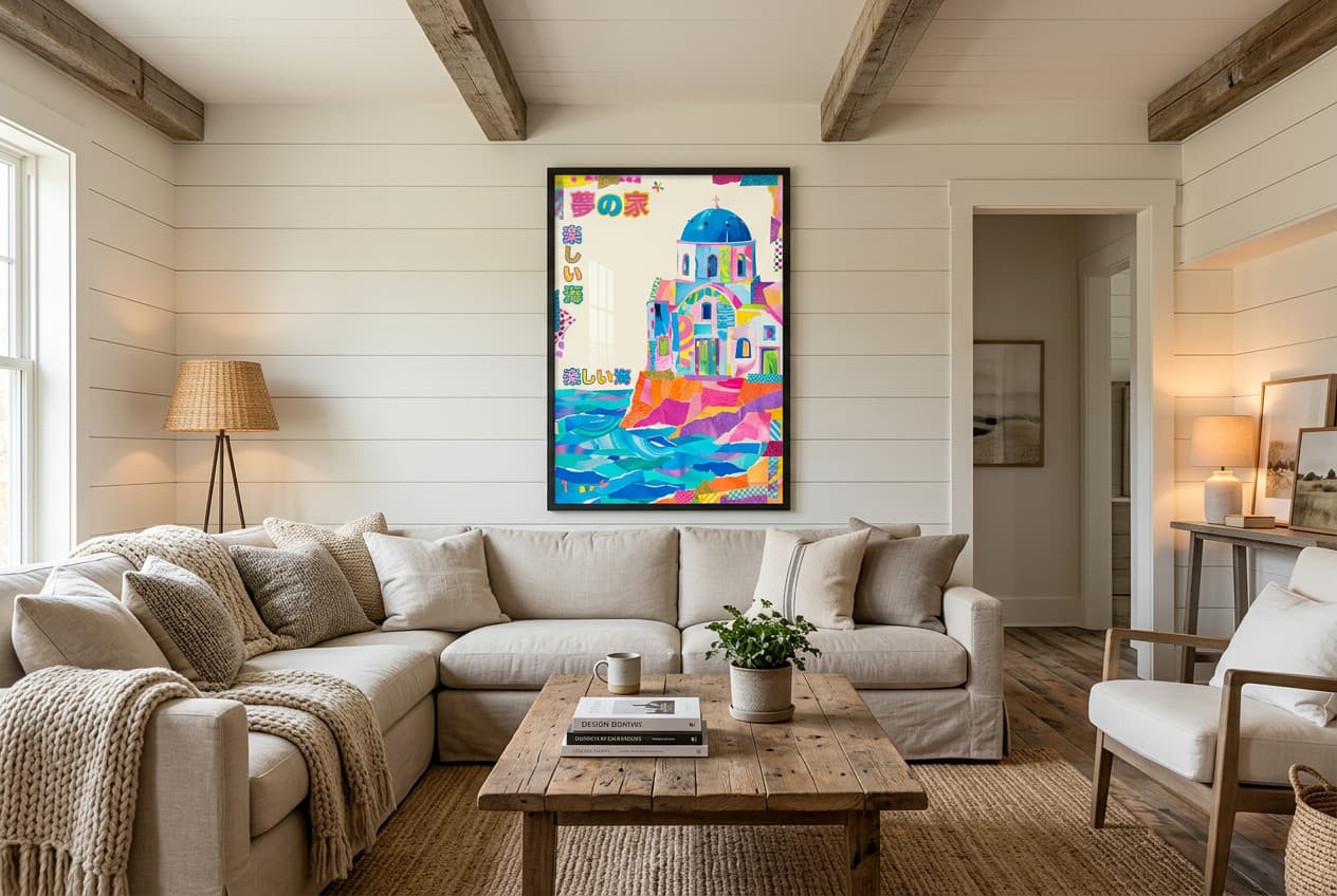 Farmhouse decor idea: “Poster Oia Santorini Paper Collage” in a living room