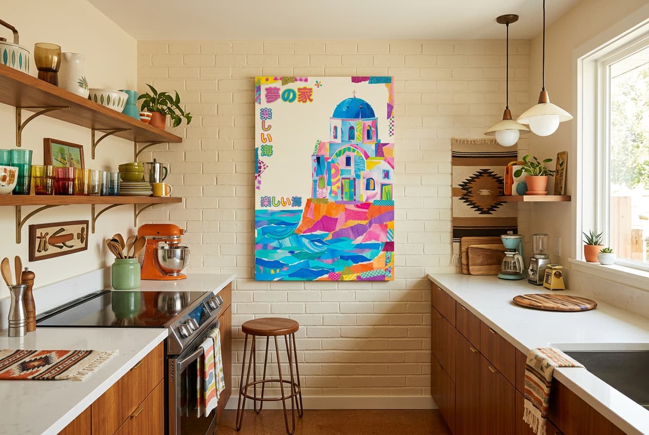 Mid-century decor idea: “Canvas Oia Santorini Paper Collage” in a kitchen
