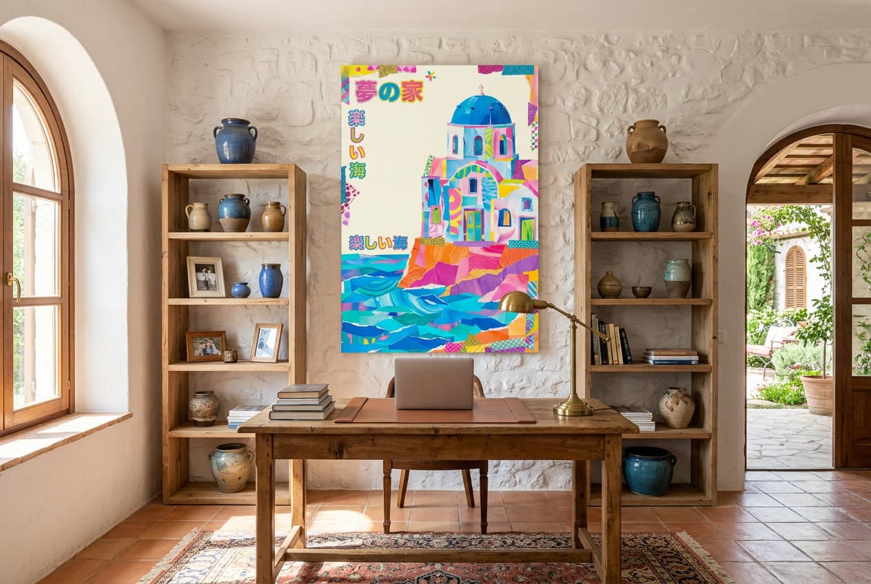 Canvas print of Oia, Santorini featuring iconic white buildings with blue domes overlooking the Aegean Sea.