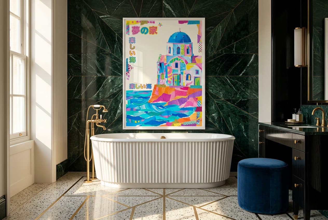 Art Deco decor idea: “Poster Oia Santorini Paper Collage” in a bathroom