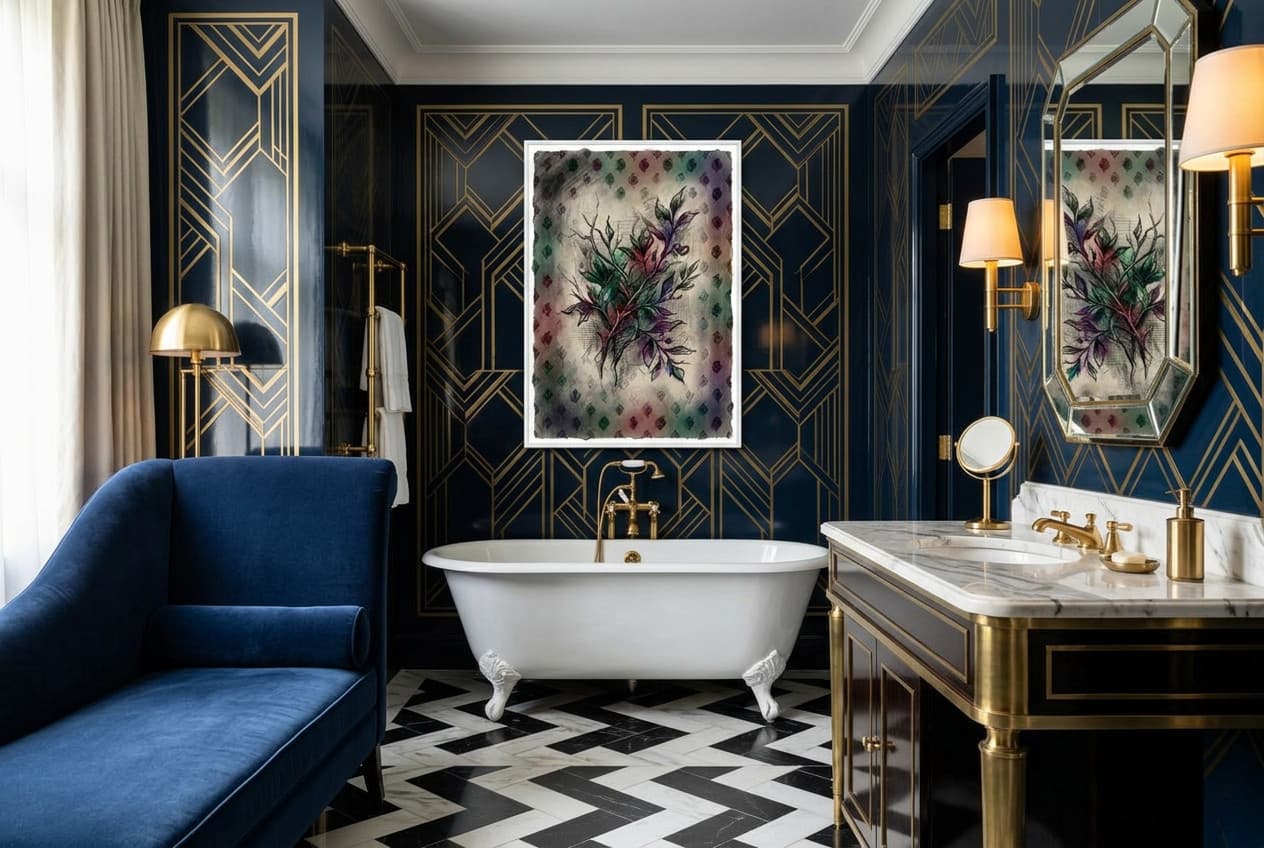 Art Deco decor idea: “Poster Quiet Botanics” in a bathroom