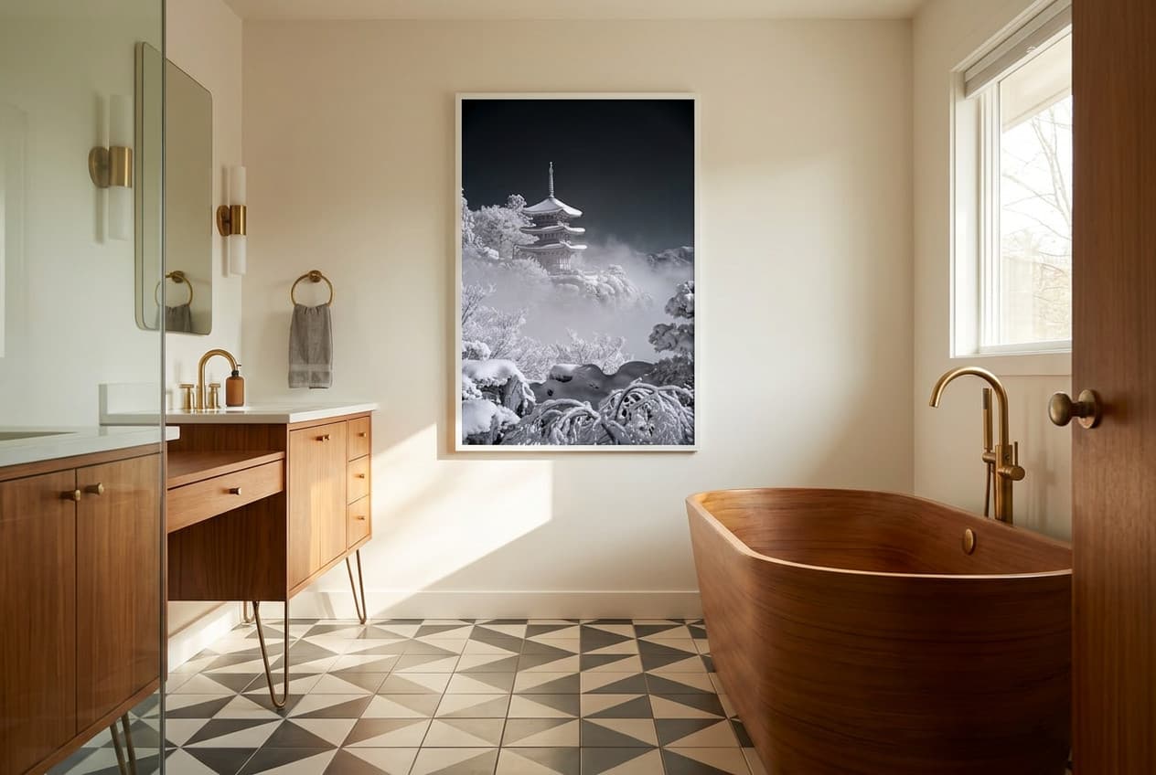 Mid-century decor idea: “Poster Snowy Pagoda” in a bathroom