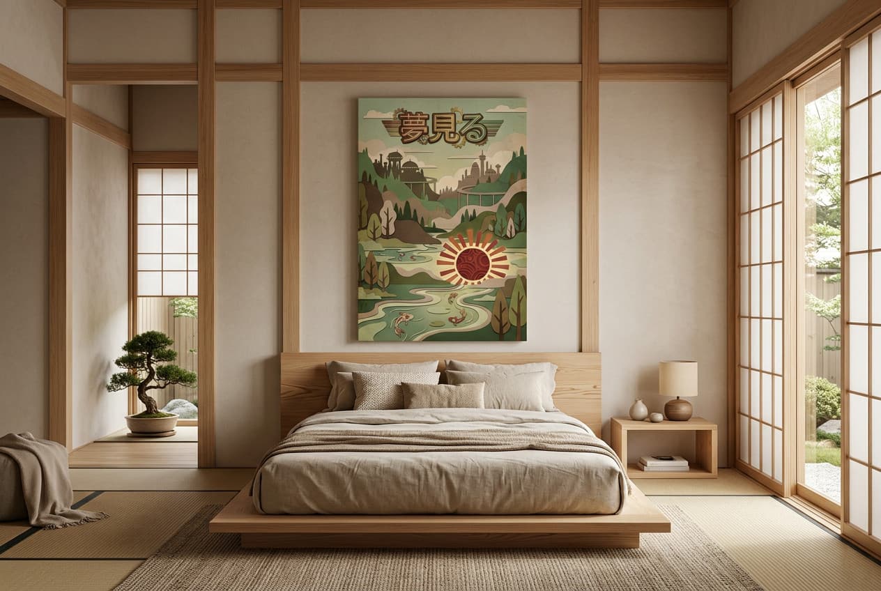 Japanese decor idea: “Canvas Koi and Red Sun” in a bedroom