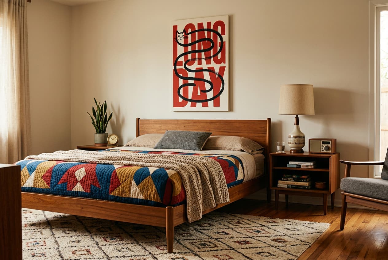 Mid-century decor idea: “Canvas Cat” in a bedroom