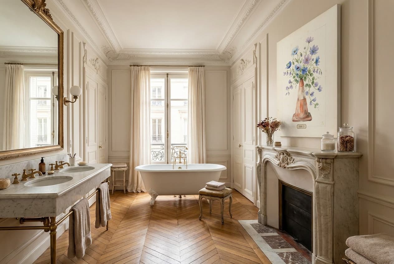 Parisian decor idea: “Canvas Watercolor Flowers Fig 1” in a bathroom