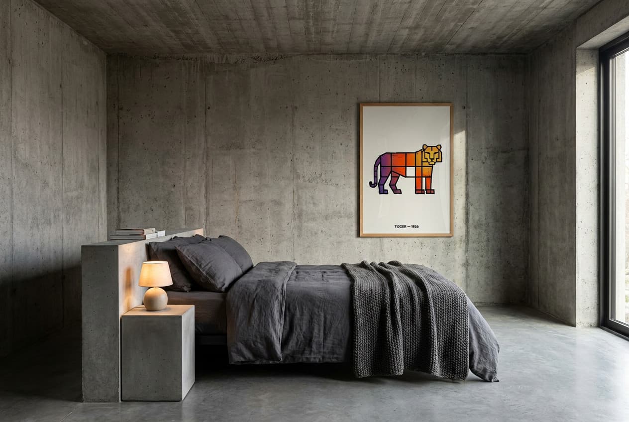 Brutalist decor idea: “Poster Tiger Sunset Grid” in a bedroom