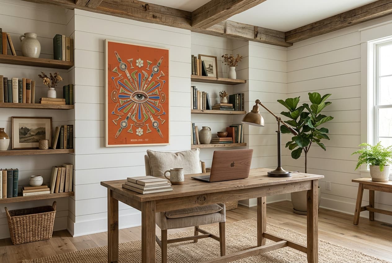 Farmhouse decor idea: “Canvas Mid Century Modern Living” in a home office