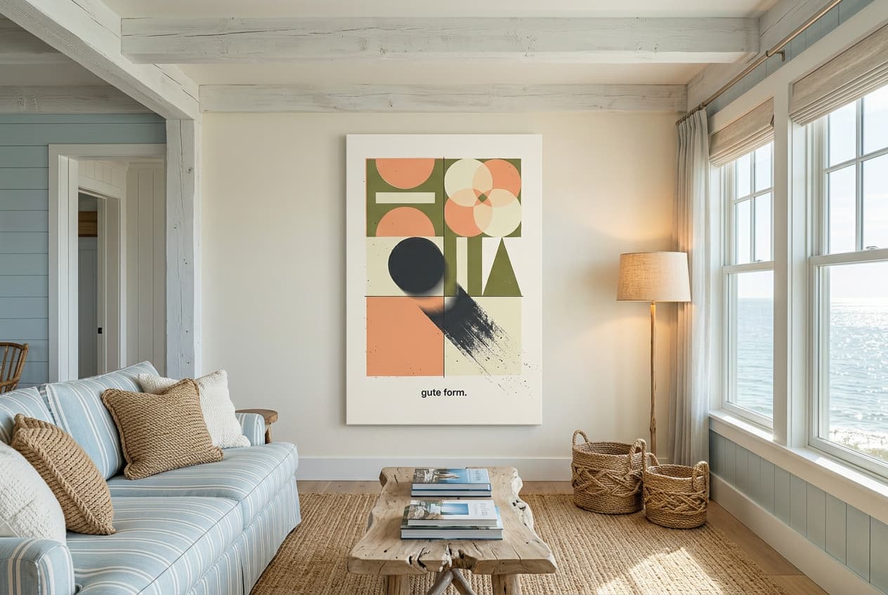 Canvas print featuring geometric Bauhaus design titled 'Gute Form' in black, white, and red.