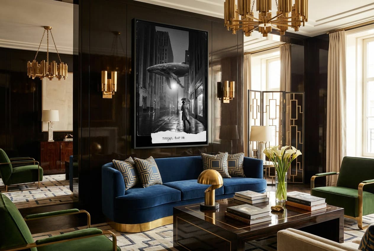 Black and white night avenue poster hung above the sofa in an Art déco living room