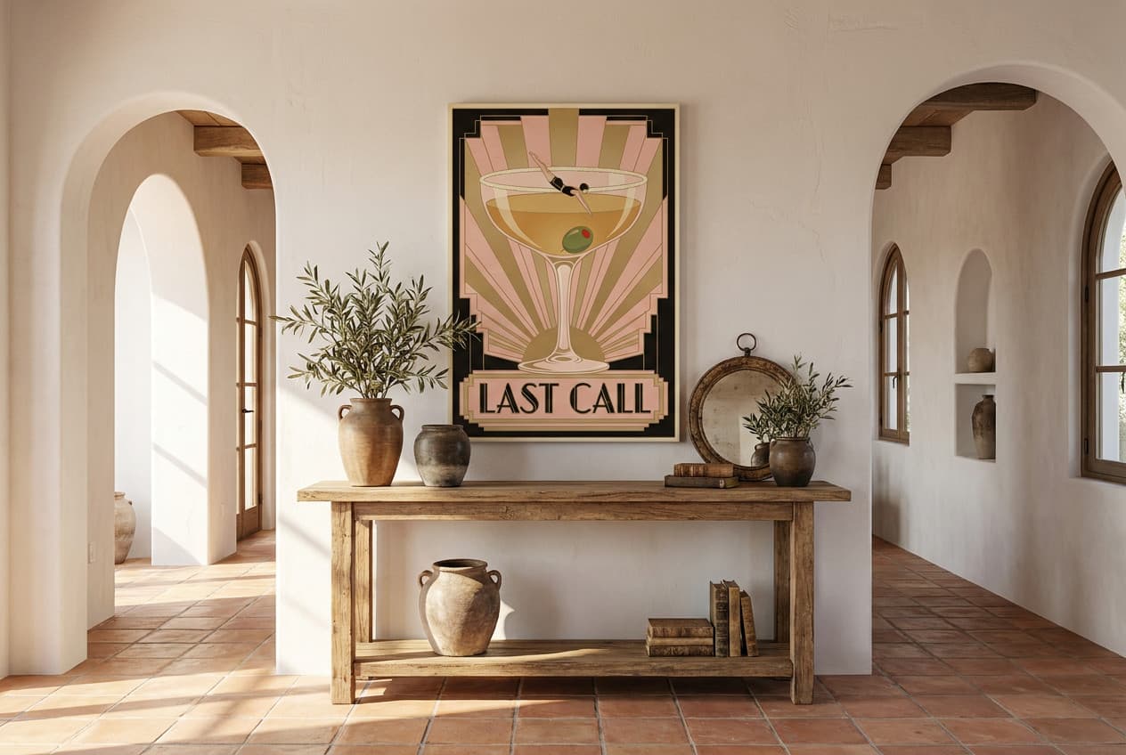 Mediterranean decor idea: “Canvas Cocktail Last Call” in a hallway