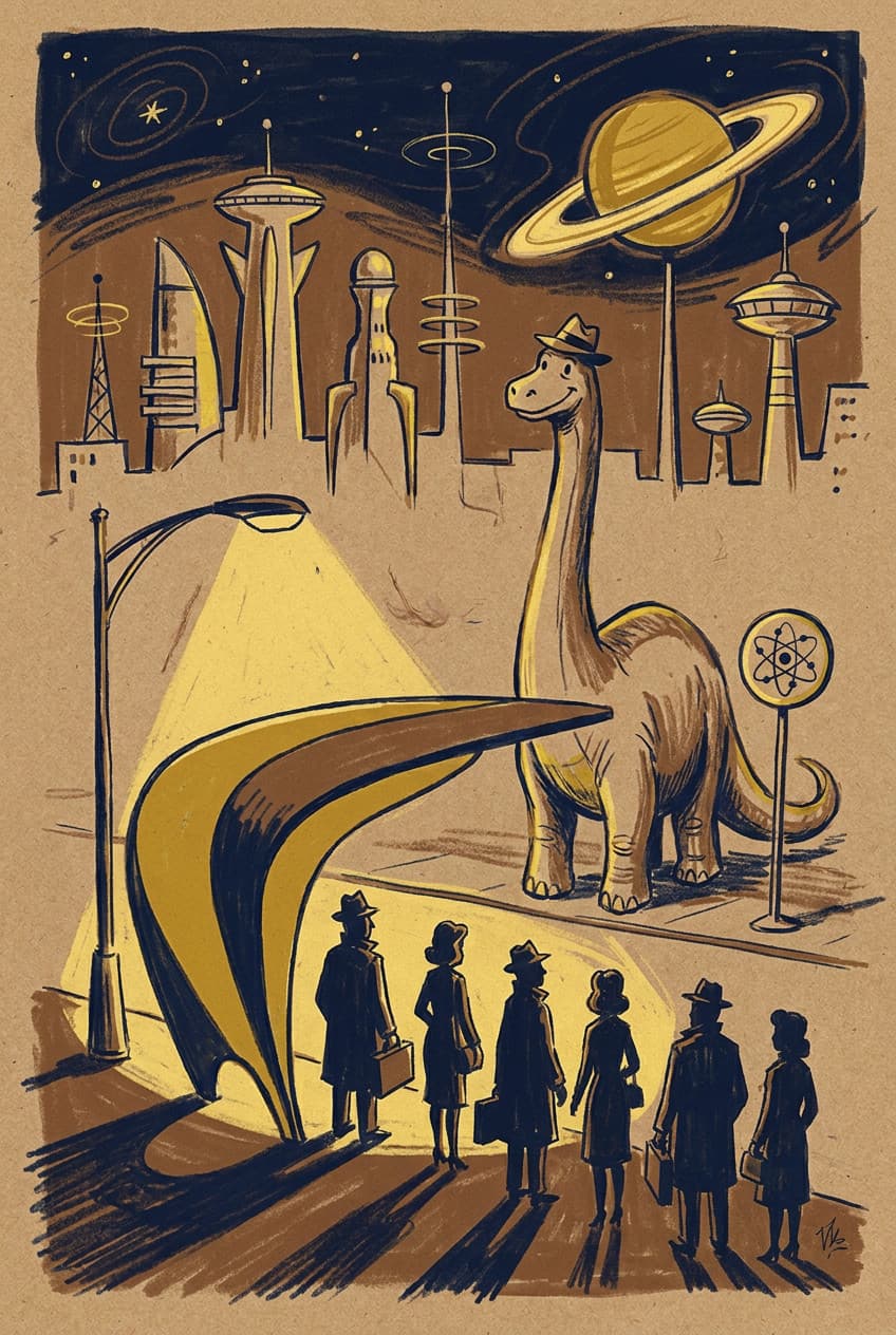 Canvas print of a dinosaur in a retro-futuristic atomic city landscape.