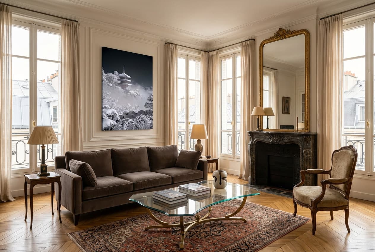 Parisian decor idea: “Canvas Snowy Pagoda” in a living room