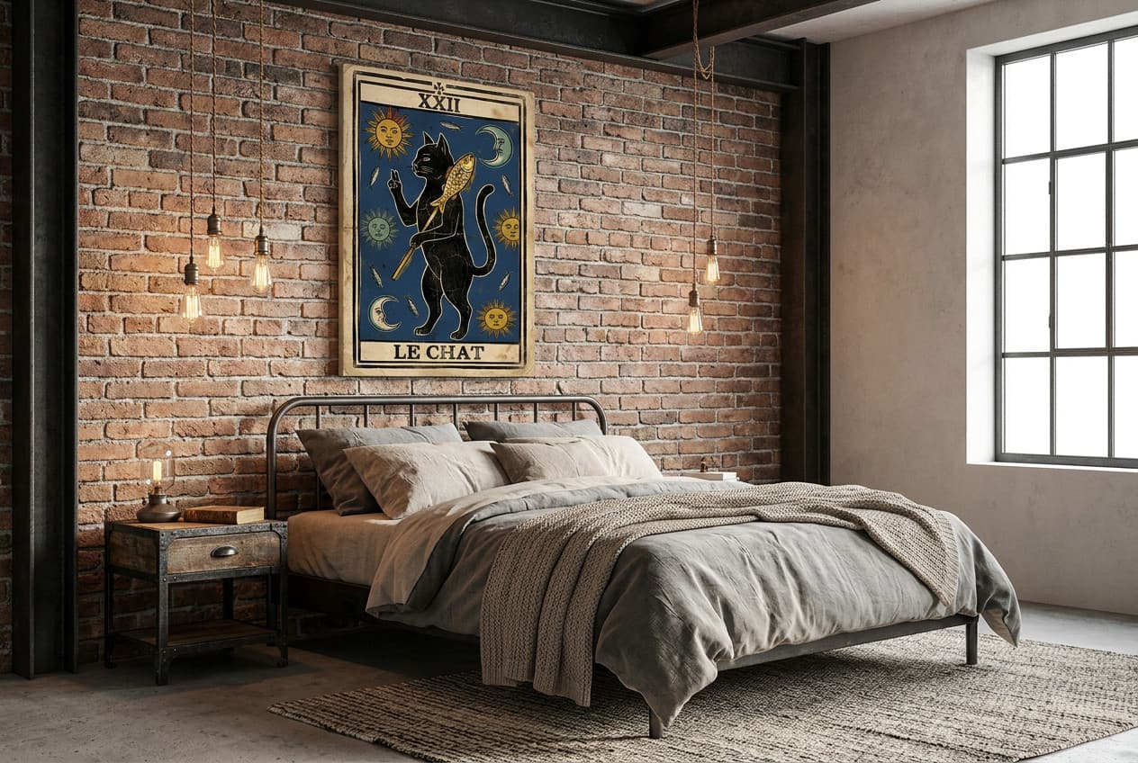 Cat canvas print adding texture and depth above a bed, an example of mixing formats in a cat room