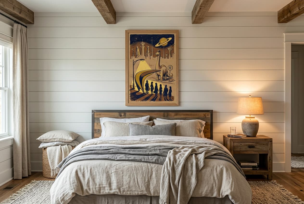 Dinosaur art poster above the bed in a farmhouse-style bedroom with room for a dog corner